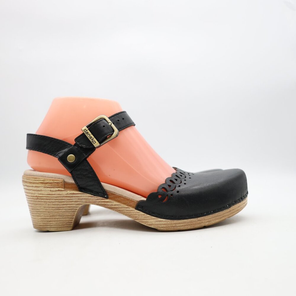 Dansko Marta Women's Size 37 Mary Jane Clog Leather Black Buckle Block Heel